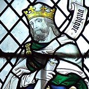 King Alfed with the Pen that was stronger than the Sword in Stained Glass